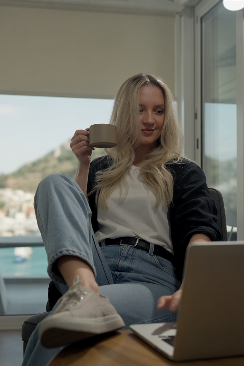 Bec, founder of Check-In Studio, working with a coffee by a sea-view window