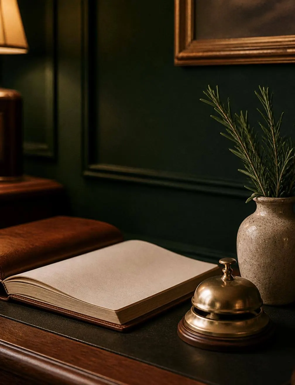 A calm reception desk with fresh flowers and morning light