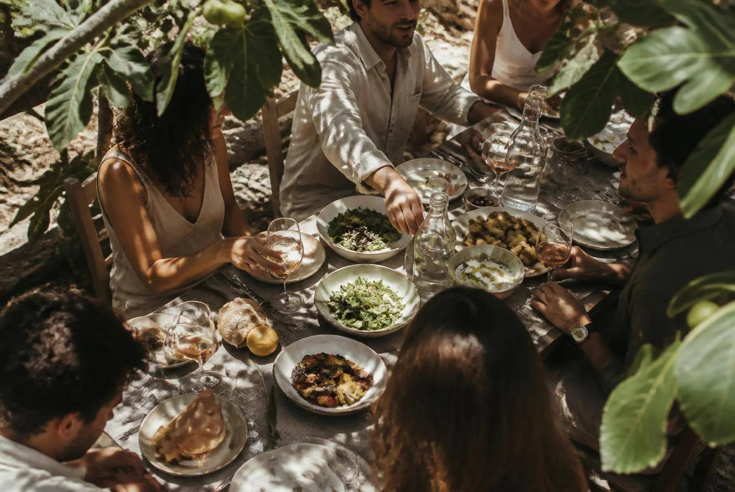 Friends sharing a long lunch under a fig tree