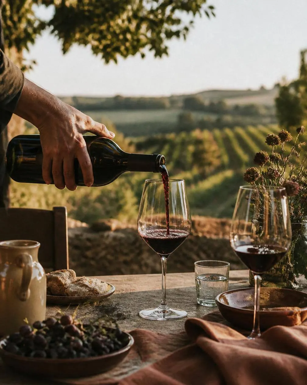 Wine poured at a table above a vineyard